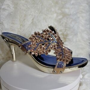 Italina Elegant Blue and Gold Women's Heels Sz 7